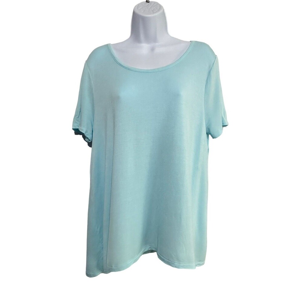 Sunday Top Blouse Women Size 1X Blue Short Sleeve Scoop Neck Open Back Pullover‎